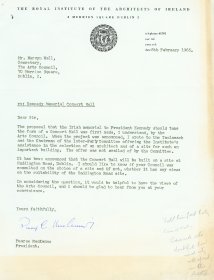 Letter from Pearse MacKenna, President of the Royal Institute of the Architects of Ireland to Mervyn Wall, Secretary to the Arts Council.